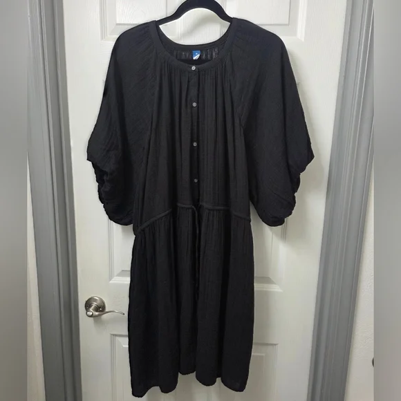 Old Navy Black Cotton Waist Define Poet Mini Dress XL Vacation Travel Summer - Picture 2 of 11